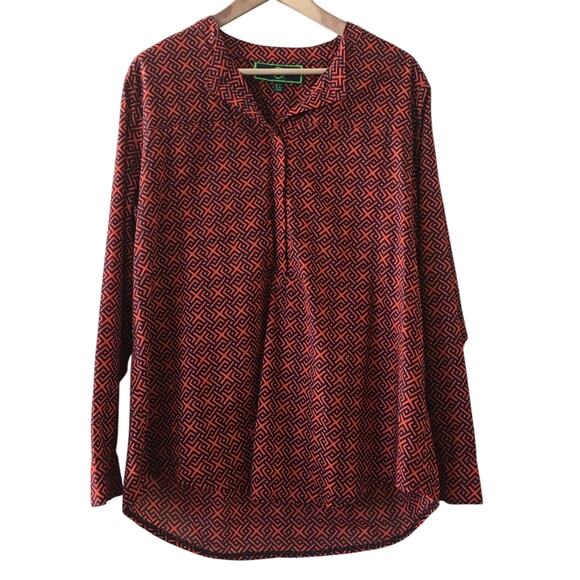 C. WONDER Navy Orange Geometric Print Cotton Popover Blouse XL Extra Large - Picture 1 of 8